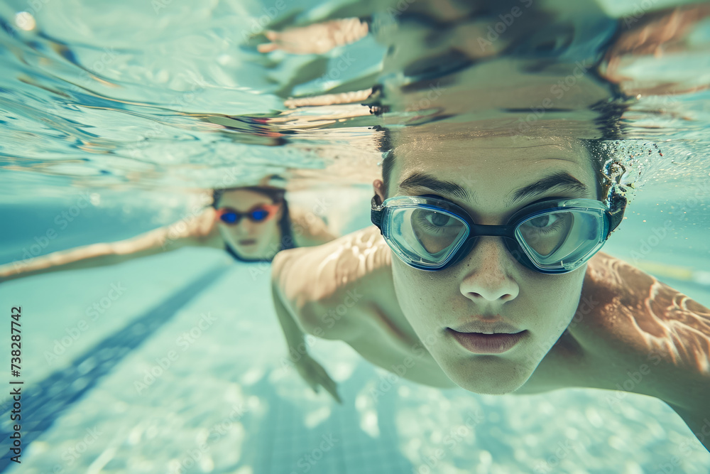 man and a woman swimming laps in a pool, with a look of focus on their faces