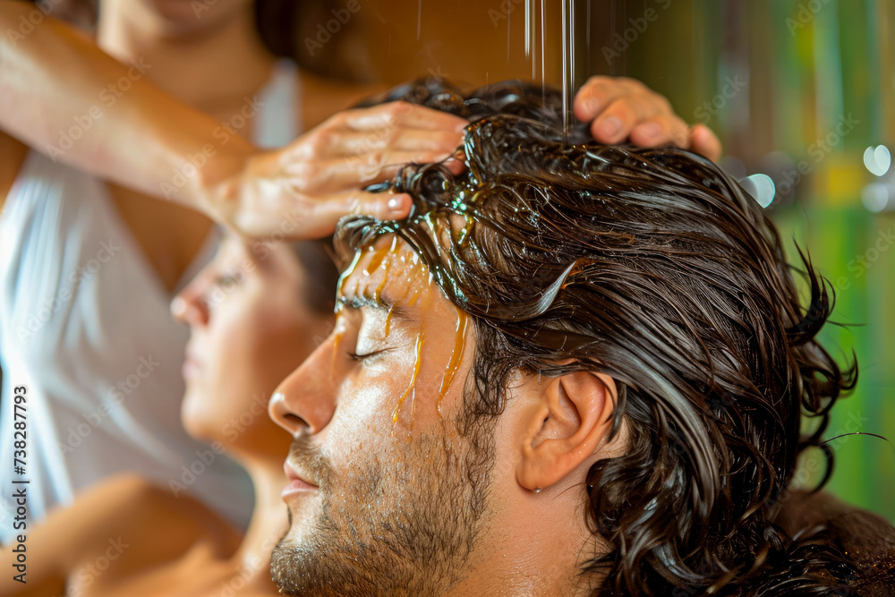 Fototapeta premium man and a woman getting a scalp massage, with fragrant oils in their hair