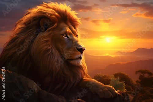 Serene Sunset: The Majestic Lion Bathed in Golden photo