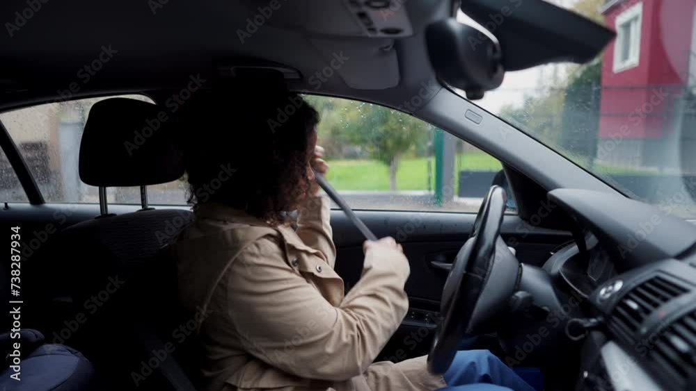 Female nurse going home from work, getting into car. Female doctor driving car to work, on-call duty. Work-life balance of healthcare worker as parent and partner. Female nurse going home from work, getting into car. Female doctor driving car to work, on-call duty. Work-life balance of healthcare worker as parent and partner.