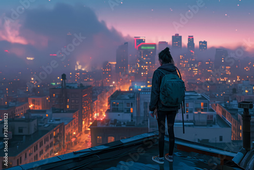 girl standing on a rooftop, with the city skyline in the background