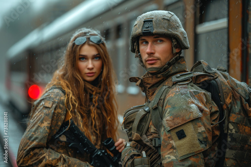 A woman escorts a military man in form to the train