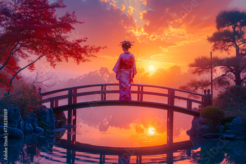 girl in a kimono standing on a bridge over a pond, looking at a beautiful sunset