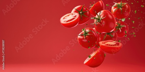 Fresh tomatoes flying against a red background © piai