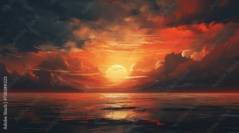 A big and mesmerizing sunset, using vibrant colors and artistic elements, stunning and emotionally impactful background Ai Generative