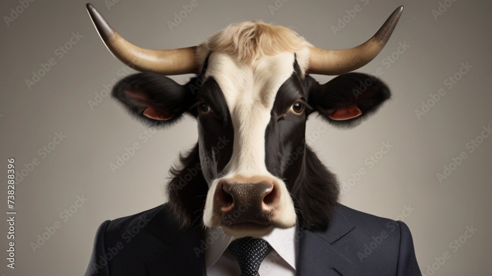 Strong bull wearing formal business suit, studio shoot on plain color background, cooperative business concept.
