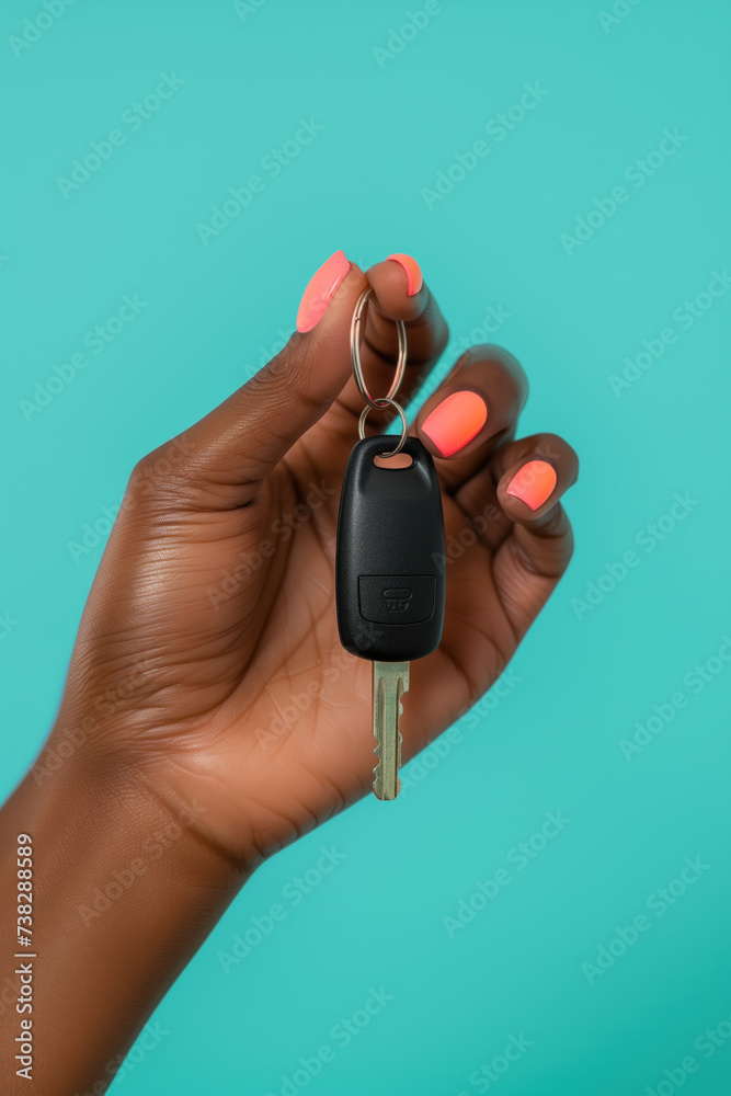 Fototapeta premium African American Woman's Hand with Bright Pink Manicure Holding Car Key.