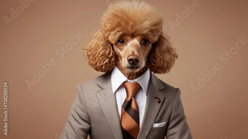 Poodle wearing formal business suit, studio shoot on plain color background, cooperative business concept. © triocean