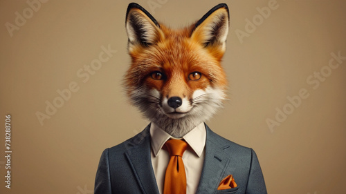 Fox wearing formal business suit, studio shoot on plain color background, cooperative business concept.