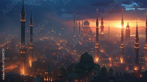 High above a city with glowing minarets during Ramadan