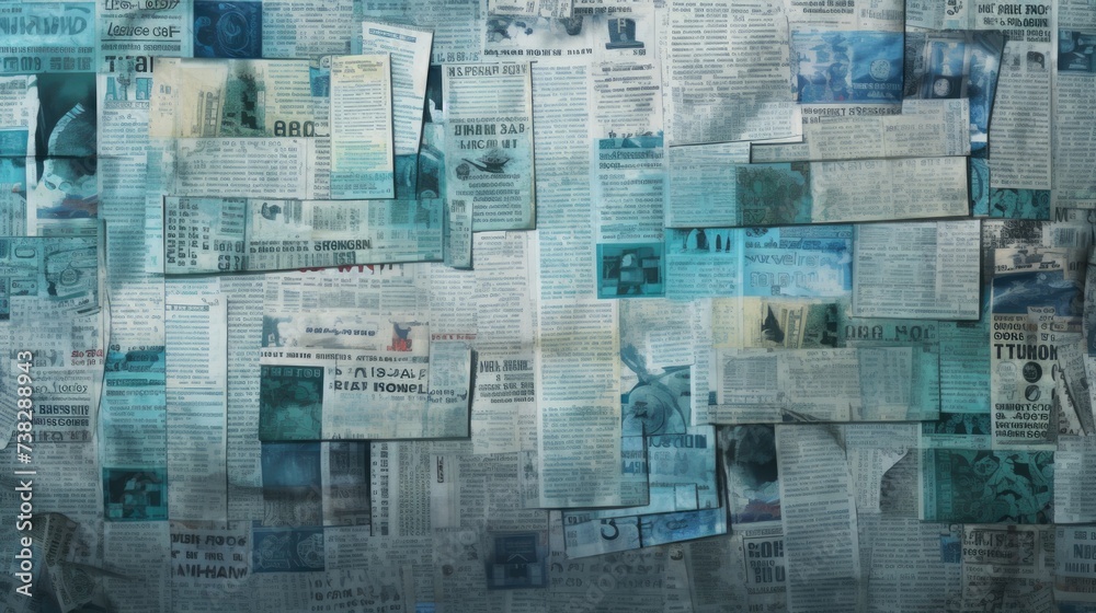 The background is old newspaper clippings in Cyan color