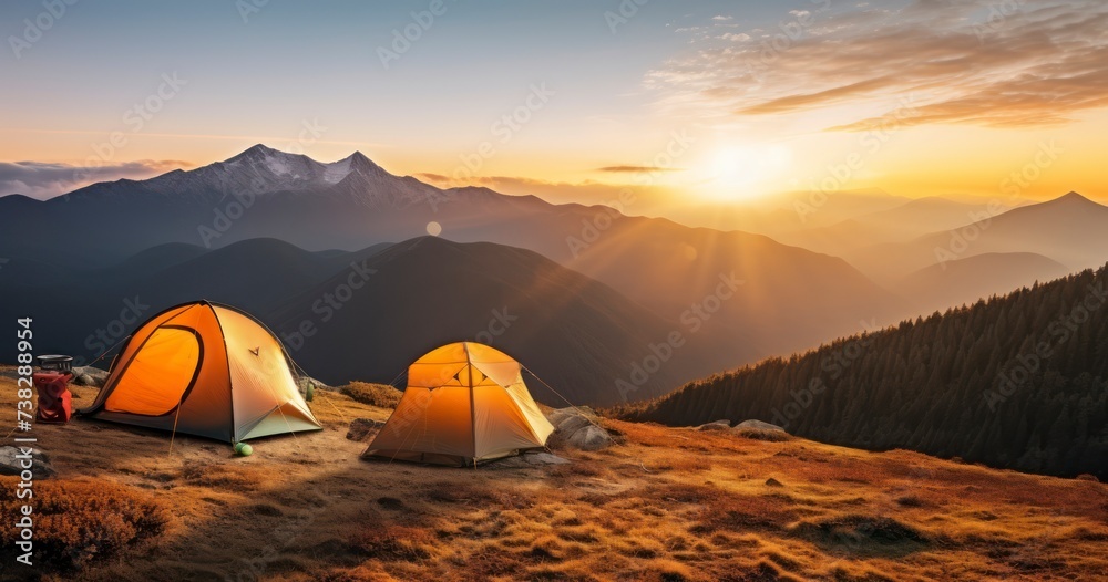 The Serene Landscape of a Tourist Camp in the Mountains, Featuring a Foreground Tent