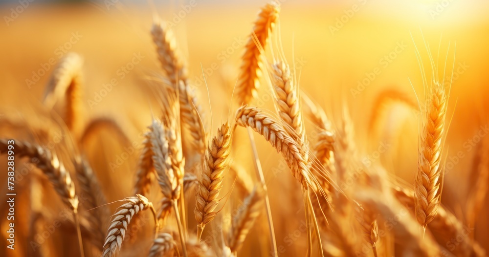 Obraz premium Close-Up of Wheat Ears in a Field Illuminated by a Stunning Sunset