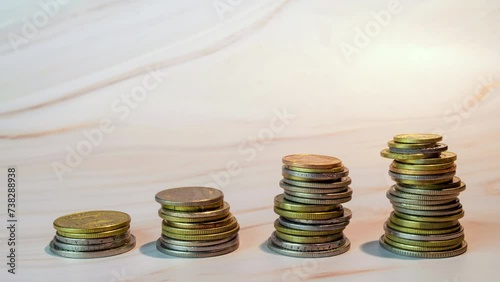 Stacks of coins piling up stopmotion Profit savings interest earning increased costs of living
Stopmotion illustration of rising profit, earning, interest rates, savings, price, cost of living. 
