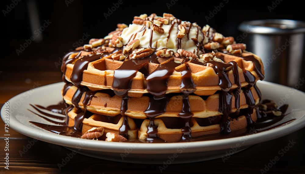 Freshly baked chocolate waffle with caramel sauce generated by AI