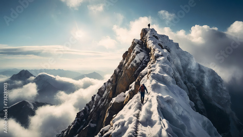 A man is climbing a towering snow-covered mountain to catch up with his friend who has already reached the summit.




 photo