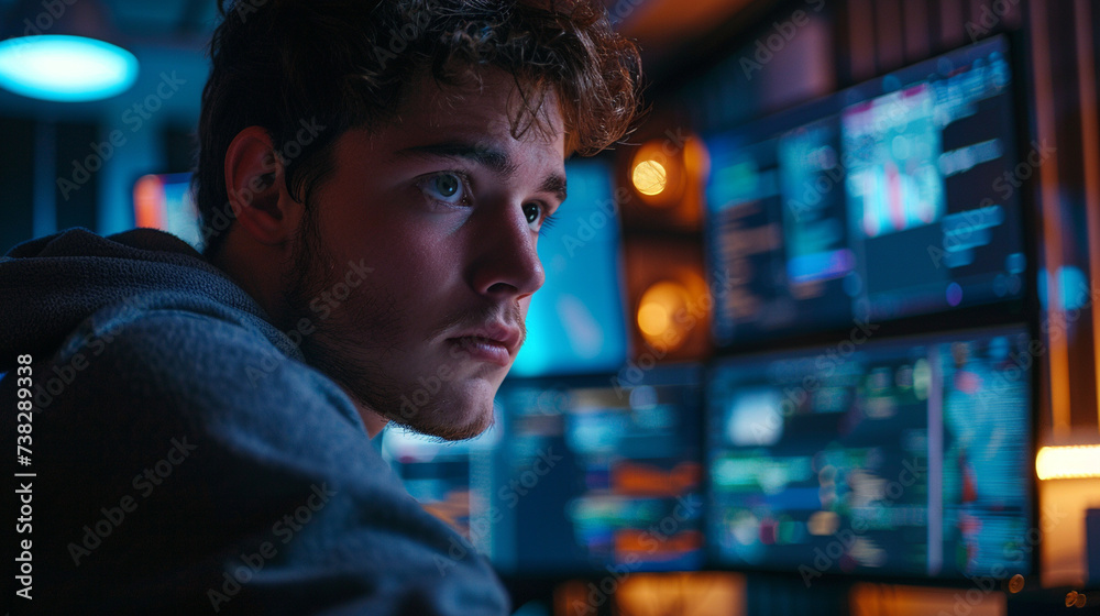 A young programmer working late at night, face illuminated by the glow of multiple monitors filled with software applications, computer science, dynamic and dramatic compositions, with copy space A young programmer working late at night, face illuminated by the glow of multiple monitors filled with software applications, computer science, dynamic and dramatic compositions, with copy space