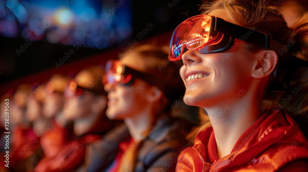 Ecstatic woman in cinema, enjoying 3d movie with a smile, blurred crowd background. Ecstatic woman in cinema, enjoying 3d movie with a smile, blurred crowd background.