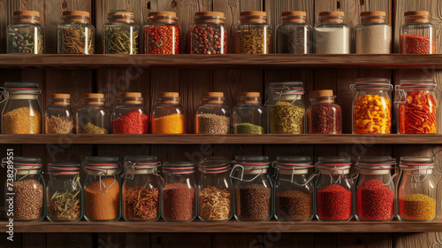 A neatly organized collection of colorful spices in glass jars arranged on a rustic kitchen shelf