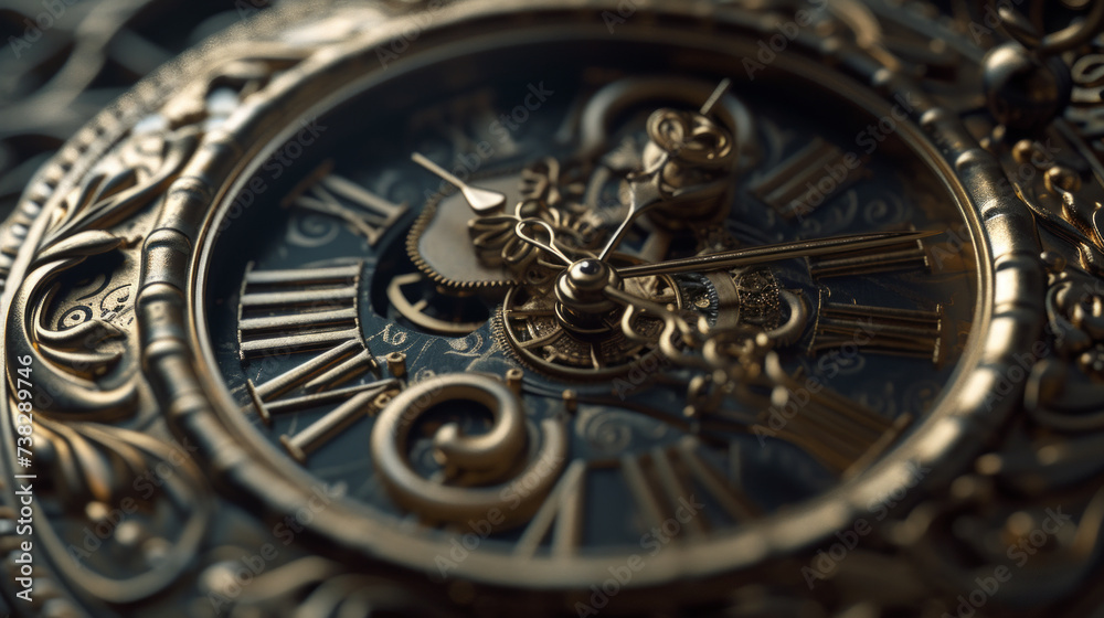 A close-up of a meticulously crafted pocket watch with ornate engravings and delicate hands indicating the time