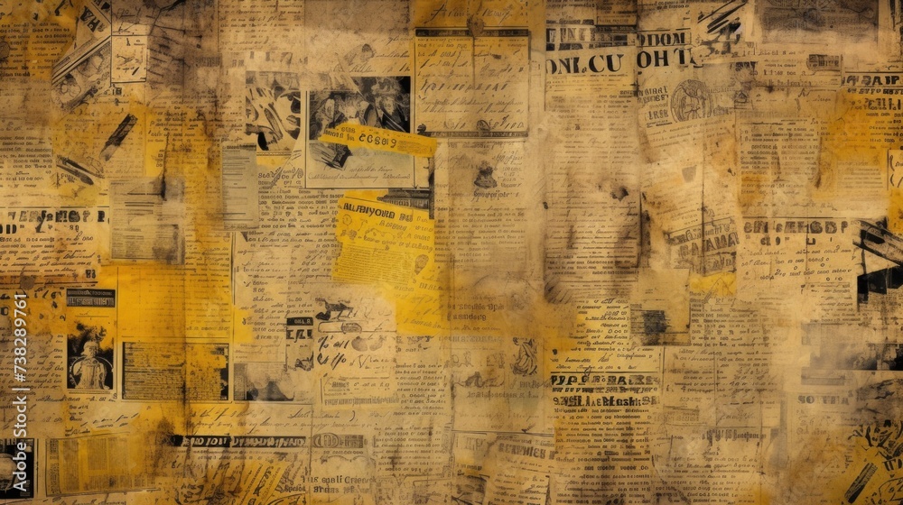 The background is old newspaper clippings in Mustard color