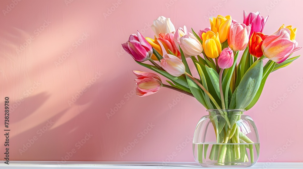 A serene scene of a bouquet of multicolored tulips arranged in a delicate glass vase, placed on a white wooden table with a soft pastel pink background, 