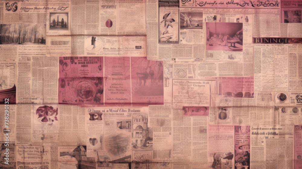 The background is old newspaper clippings in Rosewood color
