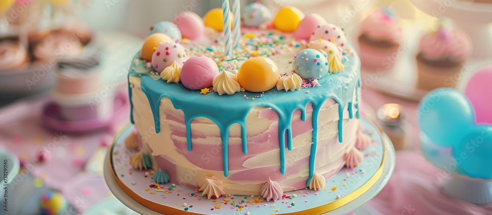 Birthday cake with pastel colors, fondant icing, and decorations. Birthday cake with pastel colors, fondant icing, and decorations.