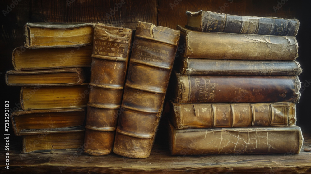 A series of stacked, weathered leather-bound books with cracked spines, revealing years of avid reading A series of stacked, weathered leather-bound books with cracked spines, revealing years of avid reading