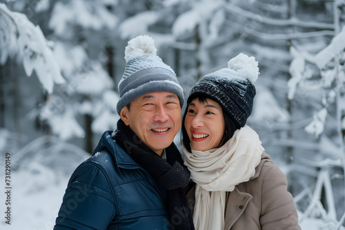 Young adult heterosexual Asian couple in beautiful snowy winter nature © lucky pics