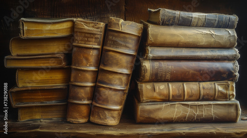 A series of stacked, weathered leather-bound books with cracked spines, revealing years of avid reading