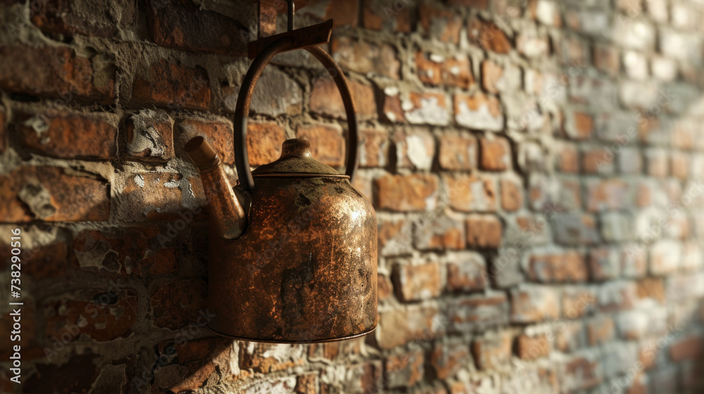 An industrial-style, aged copper kettle hanging on a hook against a textured brick wall An industrial-style, aged copper kettle hanging on a hook against a textured brick wall
