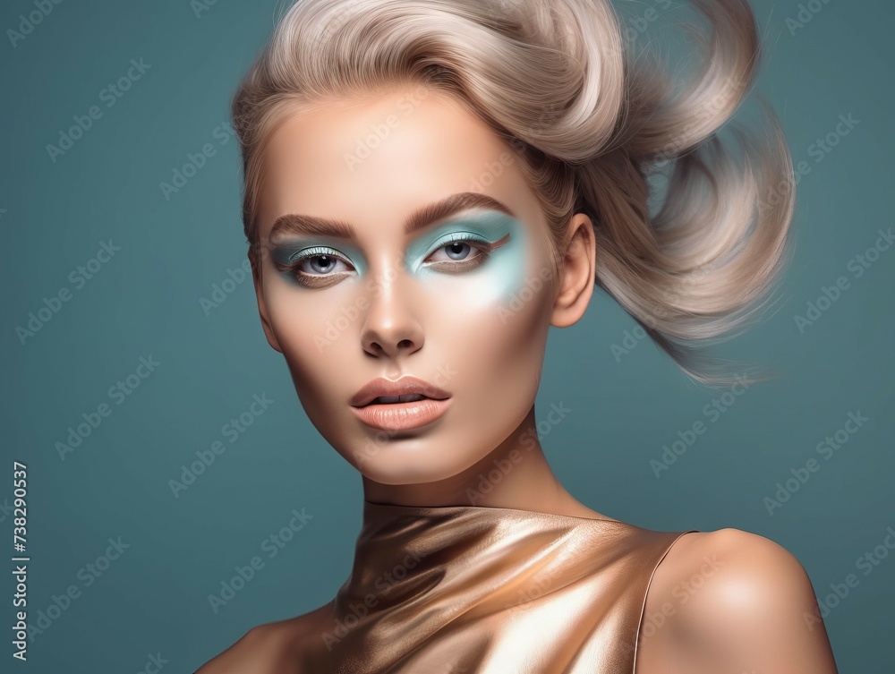 Fashion Beauty. Beautiful Woman With hairstyle  and Luxury Makeup isolated on color background in studio. Beautiful Girl Face.