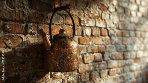 An industrial-style, aged copper kettle hanging on a hook against a textured brick wall