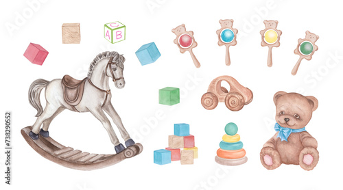 Large set of retro baby toys hand drawn. Watercolour illustration of teddy bear, wooden rocking horses, cars