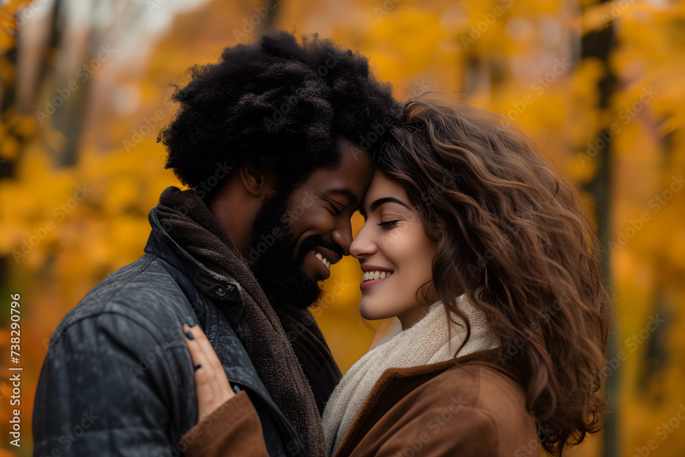 Fototapeta premium Young adult heterosexual diverse couple in beautiful autumnal nature
