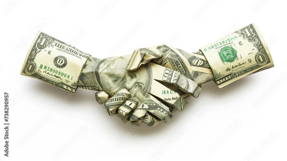 Origami paper model of business handshake made of paper money with isolated white background Origami paper model of business handshake made of paper money with isolated white background