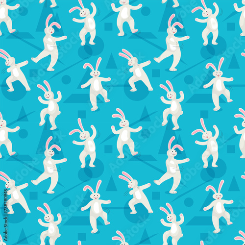 Seamless pattern Rabbits dance and do fitness. Cute moving bunny. Happy Easter, cartoon characters. Vector illustrations isolated