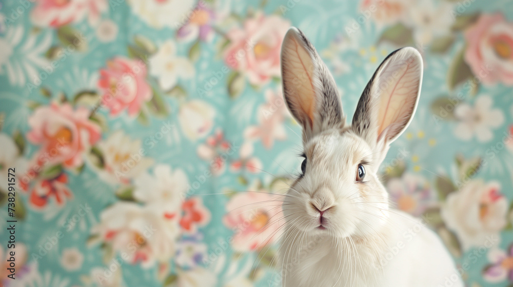 A bunny on blurred floral background A bunny on blurred floral background