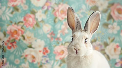 A bunny on blurred floral background
