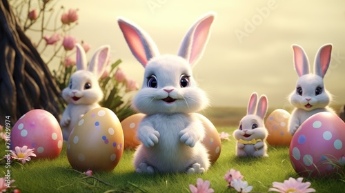 A cute Easter bunny in a meadow among blooming flowers and with colored eggs, a spring day during the Easter holidays.