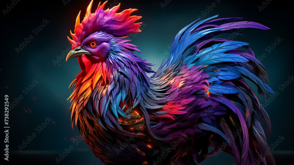 Colorful rooster on a dark background. 3D rendering.
