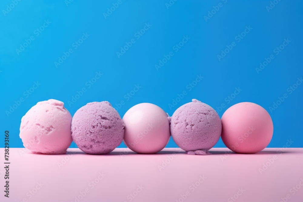 Smooth scoops of pink and lavender ice cream aligned in a playful and artistic composition against a vibrant blue and pink background
