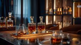 A sophisticated whiskey tasting setup with a selection of premium whiskey bottles displayed on a luxurious wooden bar.