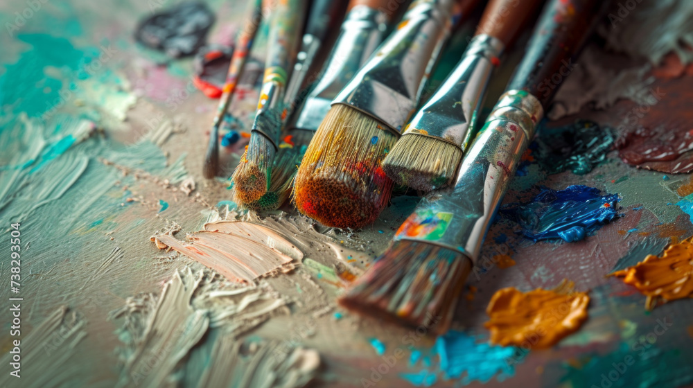 Fototapeta premium A row of weathered, wooden artist's paintbrushes resting on an artist's palette splattered with vibrant colors