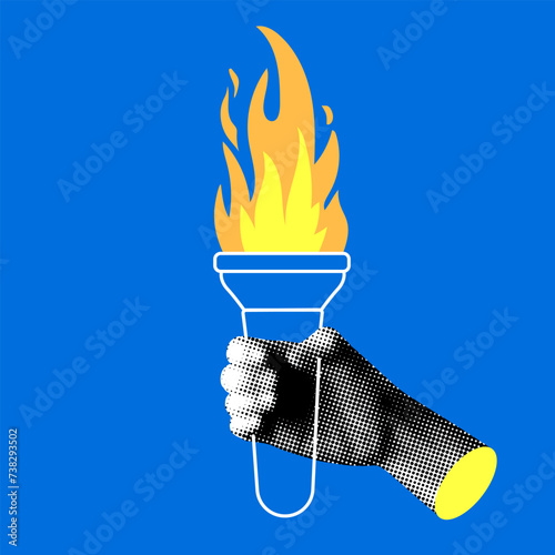 Hand holding torch. Modern collage with halftone hand. Symbol of sports games. Human hand with fire torch. Vector illustration