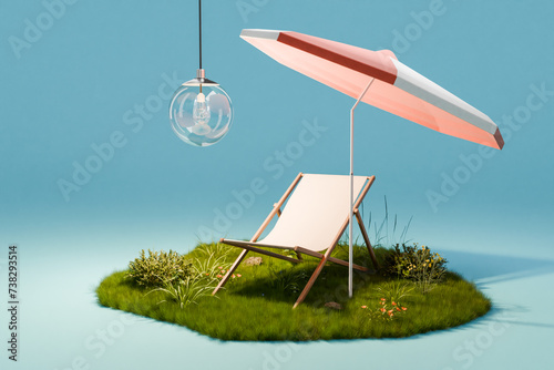 Holiday idyll with sun lounger and parasol on a small grassy area isolated on infinite background; hanging lamp global warming concept; 3D rendering