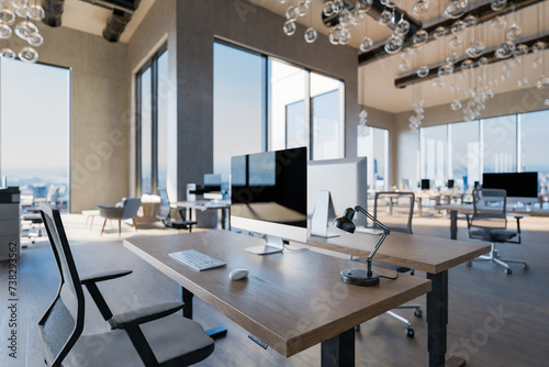 large innovative open space office with tech industry workplaces and greenery; environment friendly contemporary building; 3D rendering
