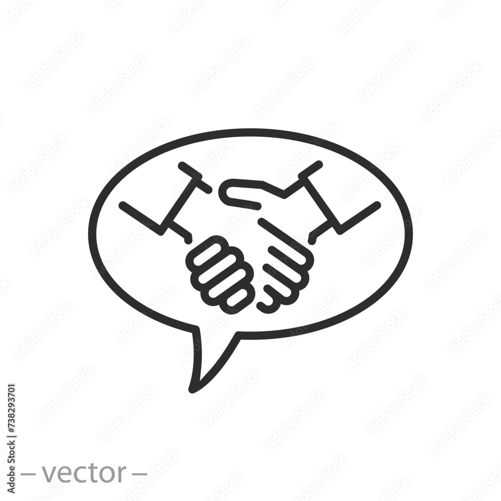 business meeting icon, peace talks, handshake with speech bubble, business conversation concept, thin line symbol - editable stroke vector illustration