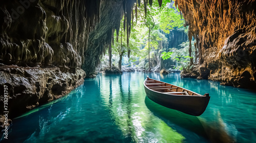 tourists on boat in a turquoise water in a cave. Khao Sok National Park, Thailand.  photo